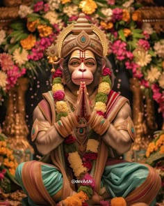 a statue of a monkey sitting in front of flowers and holding his hands up to his mouth