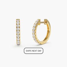 "14k Solid Gold Diamond Huggies Earrings / 16MM Solid Gold Diamond Hoops / Medium Size Diamond Hoop Earrings by Ferkos Fine Jewelry * Made to Order * Gold Kt: 14K (also available in 18K) * Available Gold Colors: Rose Gold, Yellow Gold, White Gold * Inner Diameter 12.5 MM * Outer Diameter: 16 MM * Round Diamond: 20 Pcs 1.85 MM * Diamond Color & Clarity: G Color SI Clarity * Diamond Ctw: 0.60 ctw * Ready to Ship in 1-3 Business Days If you have any additional questions about this ring, just hit the \"Message Ferko\" button and we will get back to you within a few hours. ▶ See more of our Diamond Earrings - http://etsy.me/2lyqVBP ▶ See our storefront here - http://etsy.me/2lUcVnH  ▶ All store sections here * Diamond Rings - http://etsy.me/2lwKUl8 * Diamond Earrings - http://etsy.me/2lyqVBP * Yellow Gold Huggie Diamond Earrings With Halo, Yellow Gold Diamond Huggie Earrings With Halo, Gold Huggie Earrings With Halo Design, Yellow Gold Small Hoop Halo Earrings, Yellow Gold Halo Small Hoop Earrings, Classic Gold Huggie Earrings With Halo, Yellow Gold Hoop Earrings With Halo, Gift Halo Huggie Diamond Earrings, 14k Gold Hoop Earrings With Halo Design For Gift