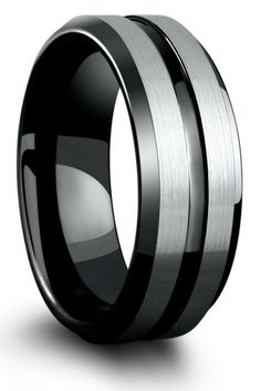 a black and silver wedding ring with two stripes