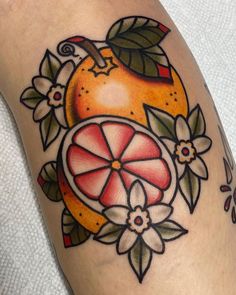 Dakota Herman on Instagram: "Sweet lol grapefruit on the calf for Gina 🥰 in honor of the @thisisaaronwest song 🍊 thanks for your trust always @ginaforz ♥️ . . . . . . . . . #njtattoo #njtattooartist #njtattooshop #traditionaltattoo #traditionaltattooer #classictattoo #boldwillhold #skinarttraditional #newjerseytattoo #traditionalartist #ladytattooer #tattoosnob #asburyparktattoo #asburytattoo #ninthwave #outerbangs #ninthwavetattoo #grapefruittattoo #fruittattoo #aaronwestandtheroaringtwenties Traditional Tattoos Funny, Tattoo With Deep Meaning, Lemon Tattoo, New Jersey Tattoo, Orange Tattoo, Tattoos Funny, Blossom Tattoo, Bee Tattoo