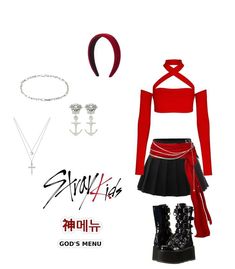 Skz Red Outfit, Skz Gods Menu Outfit, Kpop Idols Inspired Outfits, Dominate Outfit Ideas, Stray Kids Gods Menu Outfit, Stray Kids Outfit Inspo Concert, Skz Tour Outfit Ideas