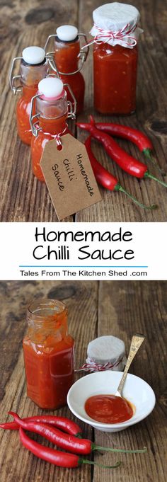 homemade chili sauce in small jars on a wooden table