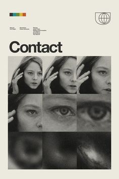 an advertisement for contact with multiple images of women's eyes and hands in the center