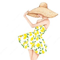 a watercolor painting of a woman in a yellow dress and straw hat with lemons on it