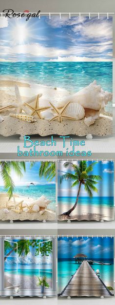 beach scene shower curtain set with shells and palm trees on the beach in front of blue water