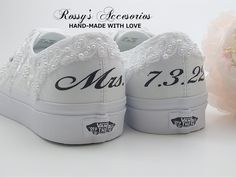 "Beautiful and Romantic wedding sneaker are a perfect accessories for your Special day..These Wedding White Authentic Vans Sneakers , are embellished with White Lace fabric and White applique . White Satin Ribbon shoe lace for tying ... Handmade to order, so please allow me enough time before your wedding date. Orders are processed and shipped within 4-5 WEEKS of payment., large orders may take longer ..Please allow an additional 2-5 days. Domestic Shipping will take 2-5 Business days. This Item Bride And Groom Vans Shoes, White Wedding Vans, Bridal Vans, Bridal Vans Sneakers Diy, White Vans For Wedding, Custom Wedding Vans Brides, Cheap Lace-up Vans Sneakers, Custom White Wedding Vans, White Lace Wedding Vans