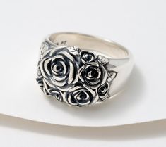 You can buy yourself flowers -- in the form of this gorgeous gathered rose ring! The dimensional sterling silver design -- that's highlighted in rich oxidation -- is an elevated way to mark a milestone or celebrate new growth. From Or Paz® Sterling Silver Jewelry. Silver Rose Flower Ring For Anniversary, Silver Flower Ring With Roses For Anniversary, Buy Yourself Flowers, Mens Rings, Silver Design, Rose Ring, New Growth, Ring Size Guide, Rose Design