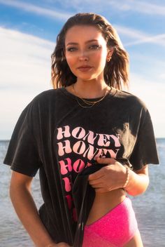 Our super soft oversize acid wash black tee with pink Honey graphic. Acid Wash, Oversized Tee, Black Tee, Honey, Perfect Fit, Black