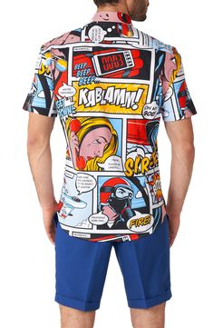 Pop-art cartoons bring color and excitement to a shirt made of crisp, cool cotton with a touch of stretch to keep you turning pages. 26 1/2" length; 43" chest (size Medium) Spread collar Short sleeves 97% cotton, 3% spandex Machine wash, line dry Imported Summer Shirt With Relaxed Fit And Character Print, Summer Relaxed Fit Shirt With Character Print, Novelty Cartoon Print Summer Tops, Novelty Summer Tops With Cartoon Print, Summer Novelty Tops With Cartoon Print, Collared Cotton T-shirt With Graphic Print, Casual Multicolor Shirt With Cartoon Print, Cotton Collared T-shirt With Graphic Print, Novelty Graphic Print Shirt For Summer