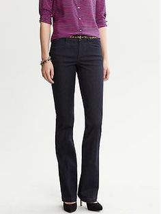 Banana Republic Indigo Denim Trouser Classic Flare Jeans For Workwear, Classic Full-length Flare Jeans For Work, Classic Full Length Flare Jeans For Work, Classic Flare Full Length Jeans For Work, Dark Wash Denim Flare Jeans For Work, Elegant Dark Wash Bottoms For Fall, Elegant Dark Wash Fall Bottoms, Classic Full Length Jeans For Work, Fitted Jeans With Pockets For Business Casual