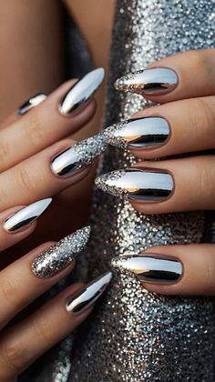 Mexico Nails, Black Silver Nails, Prom Nail Designs, Prom Nails Silver, Nye Nails, Silver Nail Designs, Nail Glam, Classy Acrylic, Grey Nail Designs