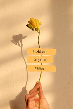 a person holding up a flower with the words hold on to your vision above it