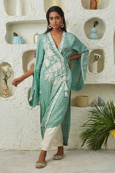 Shop for Twenty Nine Green Embroidered Bandhani Angarkha And Pant Set for Women Online at Aza Fashions Embroidery Indian, Blue Kurta, Work Pattern, Luxury Sale, Indian Fashion Designers, Women Kurta, Pernia Pop Up Shop, Tie And Dye, Mirror Work