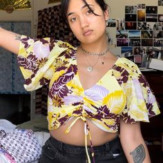 Anthropologie Yellow/Purple Floral Drawstring Crop Top! Super Comfy And Stretchynew With Tags!!! Originally $78 #Anthro #Anthropologie #Floral #Croptop #Summer Tags For Exposure!!: Thrift Vintage Retro Y2k Depop Famous Cropped Tank Cami Slip Camisole Lace Igirl 70s 80s 90s 2000s 00s Pastel Trendy Cheap Sale Black White Blue Yellow Red Pink Summer Spring Babe Baby Doll Boho Festival Princess Aesthetic Bratz Punk Emo Baddie Nwt Nwot Hipster Boujee Designer Urban Outfitters Coachella Concert Neon S Emo Baddie, Coachella Concert, Summer Tags, Drawstring Crop Top, Dolman Shirt, Burnt Orange Sweater, Thrift Vintage, Bright Boho, Y2k Depop