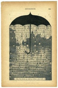 an old book page with the image of a black umbrella and rain drops on it