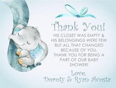 a baby shower card with an elephant on it's back and the words, thank you