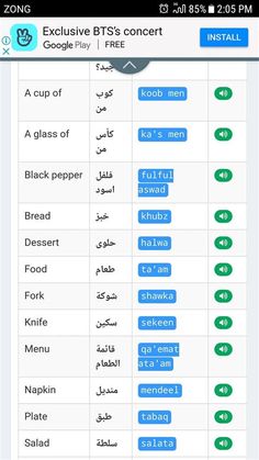 an iphone screenshot showing the different types of words in english and arabic, which are also