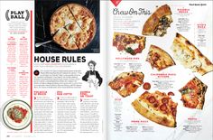 an article in a magazine about pizzas and other things to eat on the table