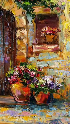 an oil painting of flowers in front of a window with shutters and potted plants