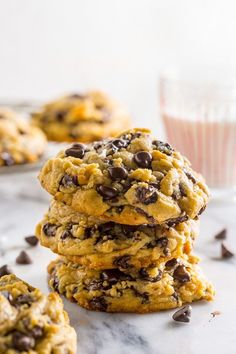 chocolate chip cookies stacked on top of each other