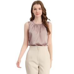 This sleeveless top with a pleated front adds an elegant and charming touch to your daily look. Style this unique shiny blouse with pants or skirts for a charming and elegant look. Occasion: Work, Office, Coffee Shop, Daily, Date, Weenkend, etc. The model is wearing in size X-Small (Height: 5'74", Chest: 32 1/4 inches, Waist: 22 1/10 inches, Hip: 33 7/8 inches, Weight: 121.5 lbs). Work Tank Tops, Shiny Blouse, Tank Top Blouse, Elegant Feminine, Split Skirt, Pleated Blouse, Work Office, Pocket Dress, Skirts With Pockets