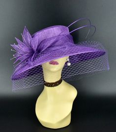 "✿*.Key Features.*✿ Sinamay petal flower with matching color beads and two quills, wide brim cover veil, very beautiful. Great for Kentucky derby, weddings, church, Easter, Royal Ascot, horse races, cocktails, tea party, or any hat wearing occasion. Hat base size: From front to back: 15.5\" (39.5 cm) From left to right: 17.5\" (44.5 cm) Wide brim Appr: 4-6\" Head girth: 22.5\"(57cm), adjustable string inside to make smaller to fit your head. If you want other colors in this style, just search th Luxury Purple Mini Hats For Wedding, Purple Wide Brim Hat For Races, Elegant Flower-shaped Adjustable Costume Hat, Elegant Adjustable Flower Costume Hat, Elegant Purple Flower Fascinator, Hats With Handmade Flowers And Curved Brim For Races, Wide Brim Hats With Handmade Flowers For Royal Ascot, Curved Brim Hats With Handmade Flowers For Races, Kentucky Derby Church Costume Hats With Handmade Flowers