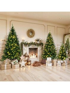 three christmas trees in front of a fireplace with presents on the floor next to it