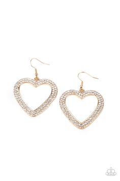 GLISTEN To Your Heart - Gold & White Rhinestone Heart Earrings - Paparazzi Paparazzi Accessories Jewelry, Whimsical Heart, Heart Shaped Frame, Bling Earrings, Heart Frame, Fish Hook Earrings, Paparazzi Accessories, Rhinestone Heart, White Rhinestone