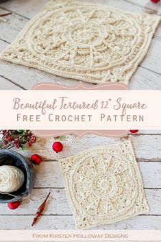 two crocheted coasters with the text, beautiful textured square free crochet pattern