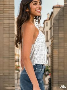 Zlily - Delightful White Blouse with Tiny White Dots Black Hair Accessories, Jet Black Hair, Lacy Tops, Hair Trim, Hair Adornments, White Tunic, Top Halter, Fashion Hair Accessories, Polka Dot Pattern