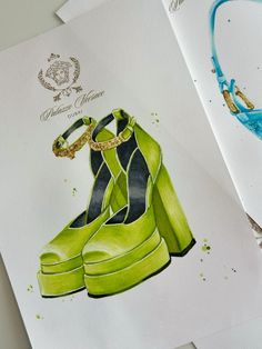 two watercolor paintings of green high heels and a blue dress with gold chains on them