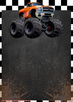 an orange monster truck with big tires on checkered black and white background, viewed from above