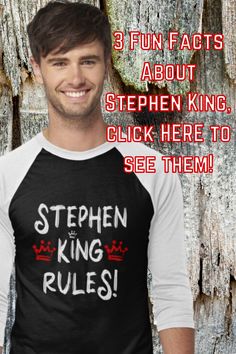 Young guy wearing a black and white baseball tee that says "Stephen King Rules" in white and red, with little crowns in the design and a rough paintbrush font. Red Socks Fan, Pen Name, Boston Red, Run Out, Stephen King, Boston Red Sox, Fan Gear, The Pen, The Girl Who