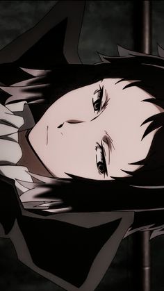 an anime character with black hair and white eyes