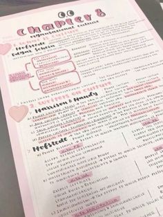 a pink and white menu with some writing on the inside of it's paper