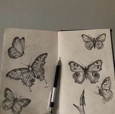 an open notebook with drawings of butterflies on it and a pen resting in the middle