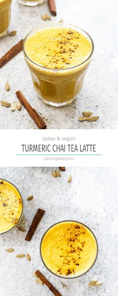 two glasses filled with turmic chai latte on top of a table