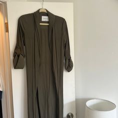 Gorgeous Never Worn Aritzia Robe Jacket Made Of 100% Silk. Olive Green. Fitted Long Green Outerwear, Long Sleeve Outerwear For Brunch In Fall, Fitted Outerwear With Pockets, Open Front, Fitted Open Front Outerwear, Olive Long-sleeved Blazer For Spring, Olive Long Sleeve Blazer For Spring, Olive Fitted Long Sleeve Outerwear, Fitted Olive Long Sleeve Outerwear, Green Fitted Outerwear For Daywear