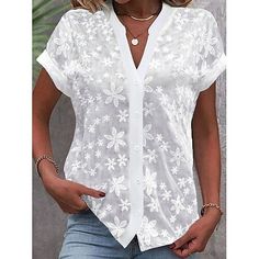 Season:Summer; Fabric:Polyester; Look After Me:Machine wash,Wet and Dry; Gender:Women's; Thickness:Regular; Style:Basic,Modern; Elasticity:Micro-elastic; Tops Type:Blouse,Shirt,Lace Shirt,Dressy Tops; Occasion:Daily,Street; Fit Type:Regular Fit; Pattern:Plain; Design:Lace,Buttons; Neckline:V Neck; Listing Date:04/19/2024; Production mode:External procurement; Bust:; Length:; Fit US Size:; Fit UK Size:; Fit EU Size:; Print Type:non-printing; Sleeve Length:Short Sleeve Summer Lace Blouse With 3/4 Sleeves, V-neck Blouse With Lace Trim For Daywear, Summer V-neck Blouse With Lace Trim, White Non-stretch Lace Top Blouse, Womens Basic Tops, Sewing Blouses, Womens Tops Dressy, Shirt Blouses Women's, Lace Button