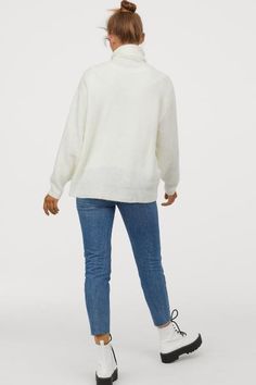 Knit Turtleneck Sweater - Natural white - | H&M US 3 Knit Turtleneck, Knit Turtleneck Sweater, Wide Sleeves, Fashion Company, Turtleneck Sweater, Rib Knit, Sleeve Styles, Personal Style, H&m