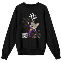 Elevate your style with this Chuck E. Cheese unisex adult black Chuck E. Cheese crew neck long sleeve sweatshirt, boasting a captivating Chuck E. waving a checkered flag. This officially licensed apparel merges comfort and durability, constructed from a perfect blend of 50% cotton and 50% polyester. Maintain its freshness effortlessly by following easy care instructions. Machine wash it on cold with like colors and tumble dry on low heat. Black Chucks, Chuck E Cheese, Long Sleeve Graphic Tee, Mens Sleepwear, Checkered Flag, How To Show Love, Sweatshirt Designs, Long Sleeve Sweatshirts, Long Sweatshirt