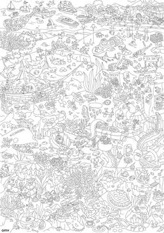 an adult coloring page with lots of different things in the ocean, including boats and ships