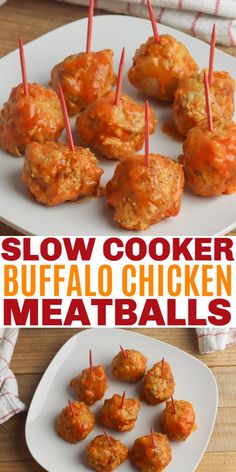 slow cooker buffalo chicken meatballs on a plate with toothpicks in them