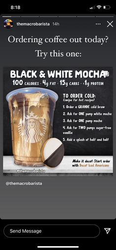 an advertisement for starbucks coffee on the app store's iphone screen, with text reading ordering coffee out today try this one black and white mocha