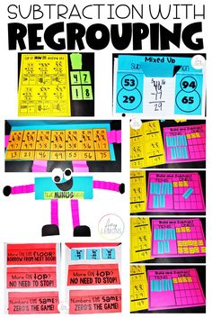 a collage of different activities to teach subtraction with regrouping