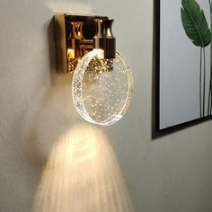 a light that is on the wall next to a plant in a vase and some lights