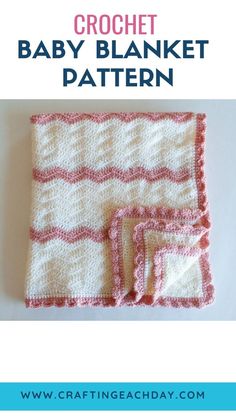 the crochet baby blanket pattern is shown in pink and white