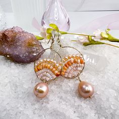 Hand wrapped peach Shell & Baroque pearl earrings Handmade Pearl Shell-shaped Earrings, Handmade Pearl Earrings In Shell Shape, Handmade Teardrop Pearl Hoop Earrings, Handmade Pearl Hoop Earrings, Gemstone Hoop Earrings, Gold Filled Hoops, Hammered Gold, Organza Ribbon, Pearl Hoop Earrings