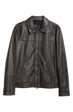 Soft and supple lambskin leather is shaped into this bomber jacket with a shirt-style collar, welt pockets and a set-as-you-like two-way-zip closure. Two-way front-zip closure with storm placket Spread collar Front welt pockets Lined Leather Professional leather clean Made in Italy Designer Clothing Casual Leather Outerwear With Padded Collar, Classic Leather Jacket With Padded Collar For Work, Business Leather Jacket With Concealed Placket For Fall, Classic Collared Outerwear With Zip Fly, Collared Leather Jacket With Pockets, Spring Leather Jacket With Collar, Leather Outerwear With Contrast Collar, Brown Leather Jacket With Lapel Collar And Concealed Placket, Fall Leather Jacket With Contrast Collar