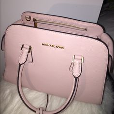 Harper Medium Leather Satchel In Color Blossom Pink Michael Kors Purse, Pink Michael Kors Shoulder Bag With Top Carry Handle, Pink Michael Kors Double Handle Satchel, Luxury Pink Michael Kors Shoulder Bag, Michael Kors Pink Shoulder Bag With Detachable Handle, Pink Michael Kors Bag, Michael Kors Pink Shoulder Bag With Gold-tone Hardware, Bags Pink, Michael Kors Purse